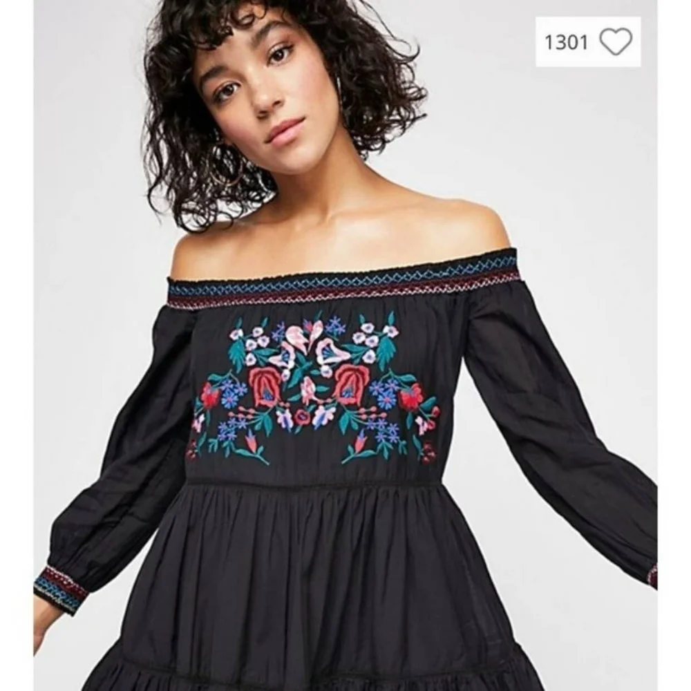 Free People Embroidered Floral Gypsy Dress Black Women Large Y2K - Picture 2 of 12